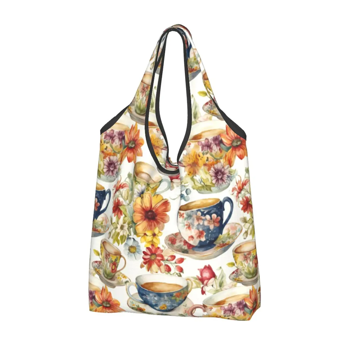 

Large Reusable Watercolor Floral Afternoon Tea Art Grocery Bags Recycle Foldable Flower Shopping Tote Bag Washable Lightweight