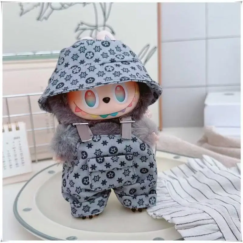 For 17cm Labubu Luxury Clothing Trendy Fisherman Hat Overalls Set V1 V2 V3 Labubu Clothes outfit Doll Accessories DIY Toys 5