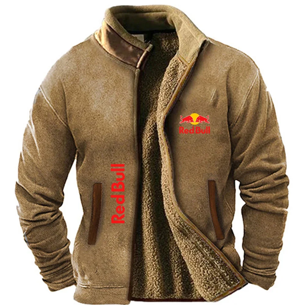 가을 겨울 야외용 레드불 퍼 안감 남성 아우터, 남성용 따뜻한 재킷, 안감, 루즈핏 지퍼 가디건, 후드티, 코