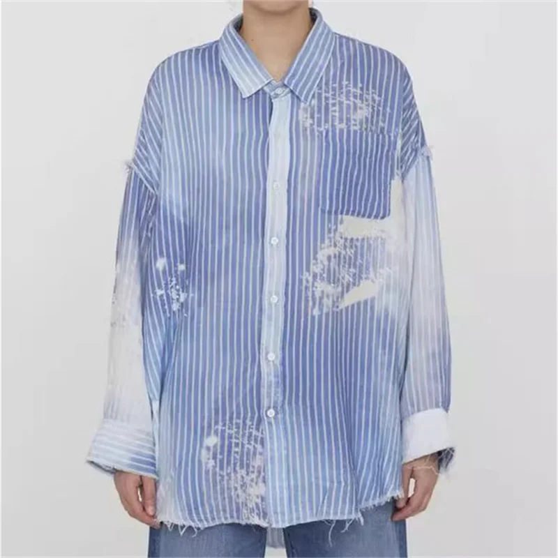 

Elegant And Youth Woman Blouses 2023 Autumn Vintage Distressed Stripe Women's Shirt Korean Fashion Pure Cotton Long Sleeved Top
