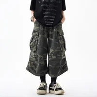 Retro American Washed Camouflage Denim Shorts Men's Loose Straight Leg Seven-Quarter Length Summer Trendy Brand Shorts