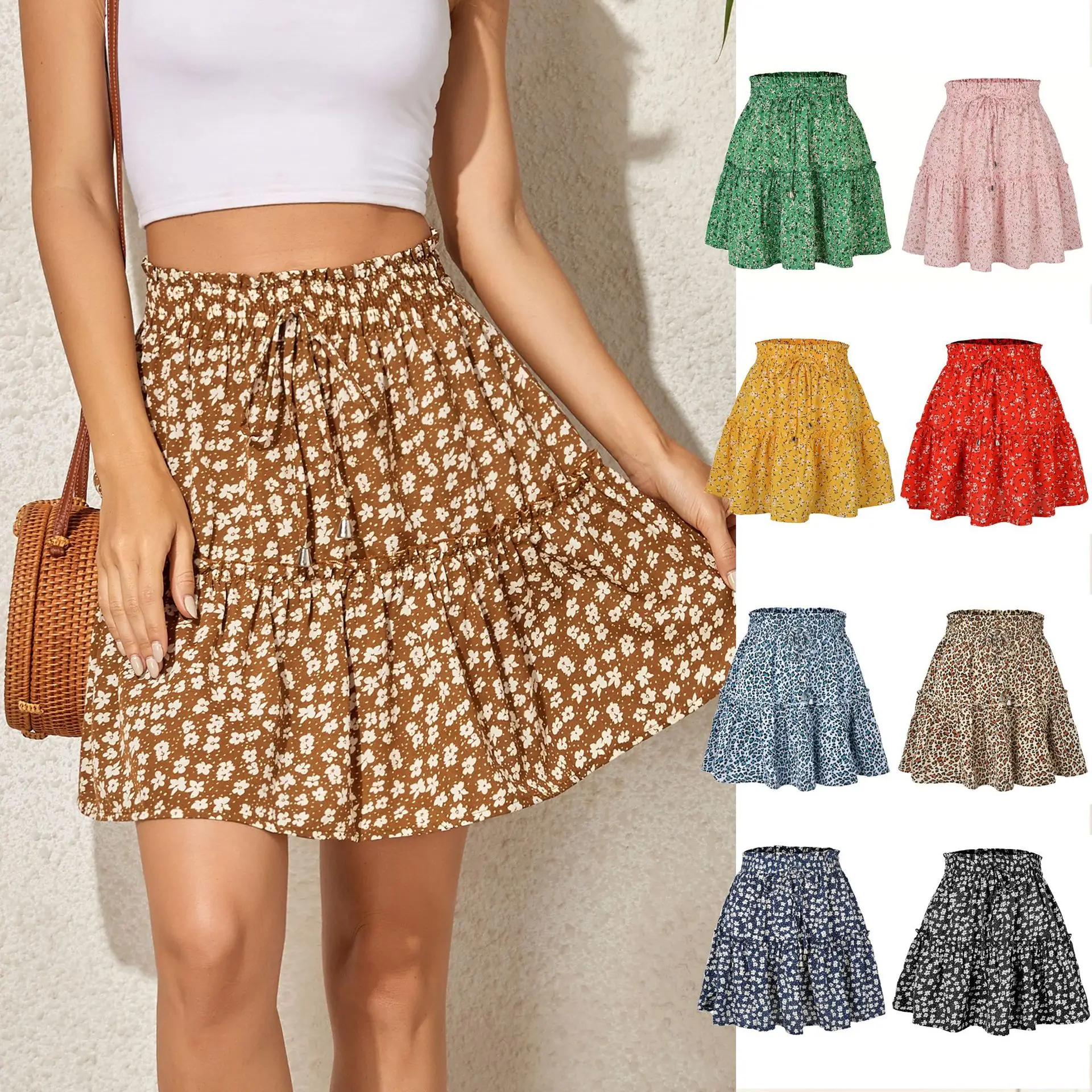 

2023 Hot Sexy Ins Women's High Waist Fashion Printed Skirt Bohemian Style Small Floral A-line Female Mini Skirts Womens