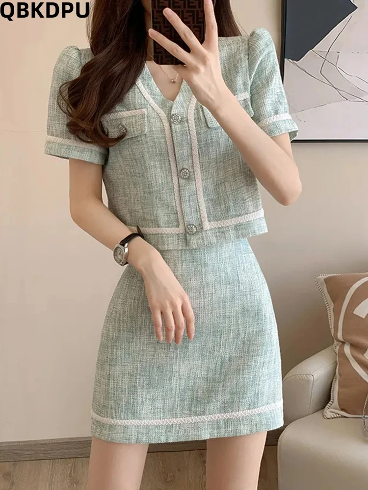 Korean Slim Short Sleeve 2 Piece Sets Linen Sexy Crop Coat Set Mini Skirt Suits Elegant Conjuntos Summer Outfits Women Ensembles 2023 two piece sets womens outifits solid color lace up middle east dubai top and skirt sets women fashion ensembles de jupes