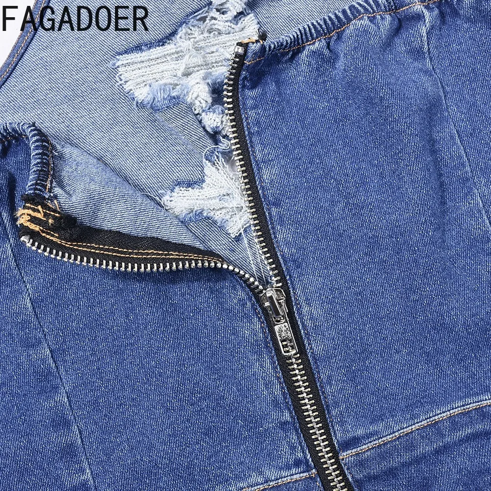 FAGADOER Fashion Hollow Out Hole Denim Rompers Women Sleeveless Backless Slim Elasticity Cowboy Jumpsuits Casual Streetwear 2023