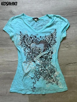 Y2k Aesthetic Vintage Flower Wing Printing T-Shirt Grunge Gothic Women Crop Top Summer Slim Harajuku V-neck Tee Femme Streetwear 1