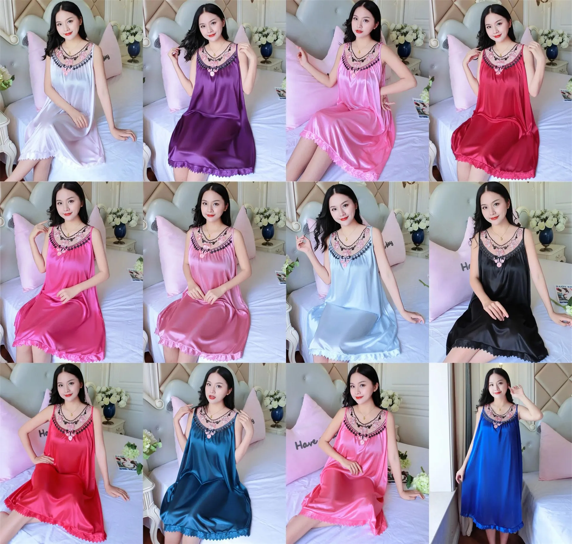 Women's Nightgowns Silk Satin Sleepwear Sleeveless Strap Nightdress Lace Nightwear Ladies Loungewear pajamas pyjamas Homewear