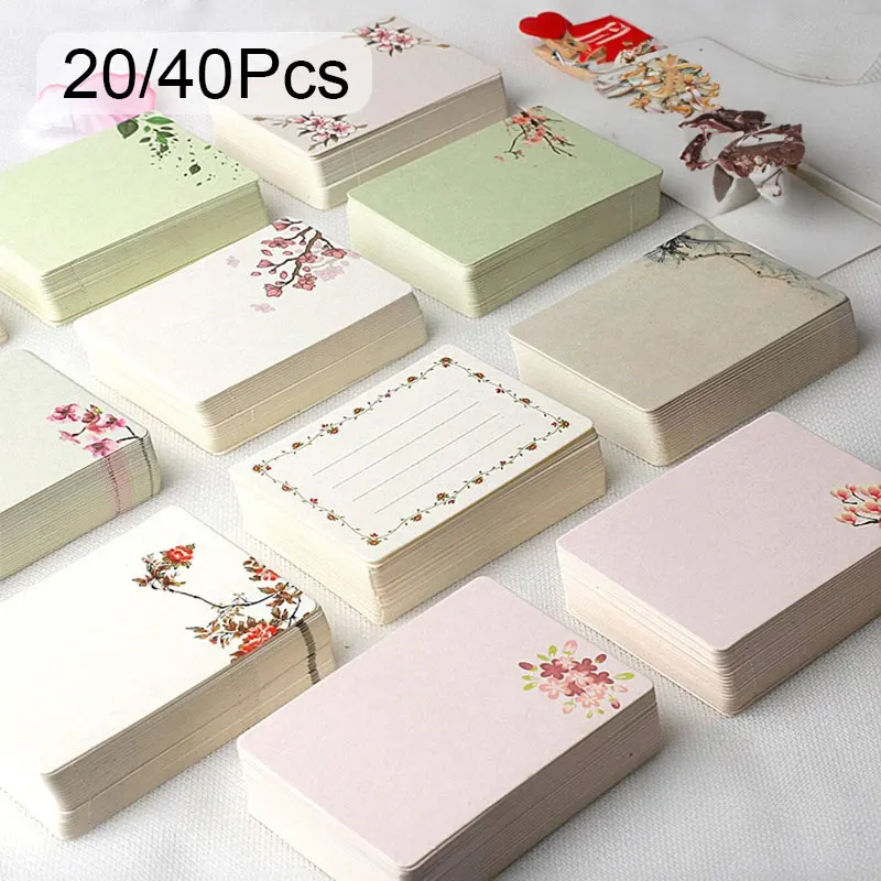 20/40Pcs Blank DIY Card Chinese Style Small Paper Word Flower Pattern Greeting Graffiti White Kraft