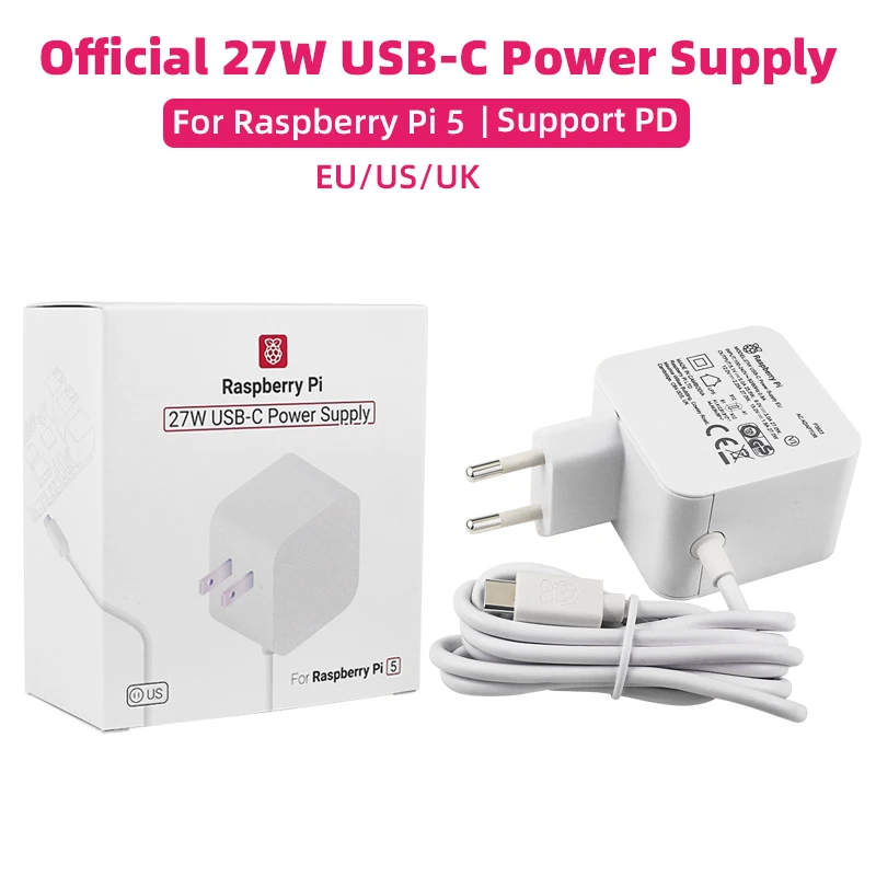 Official Raspberry Pi 27W USB-C Power Supply 5.1V 5A Compatible for PD Charging EU US UK Plug for Raspberry Pi 5