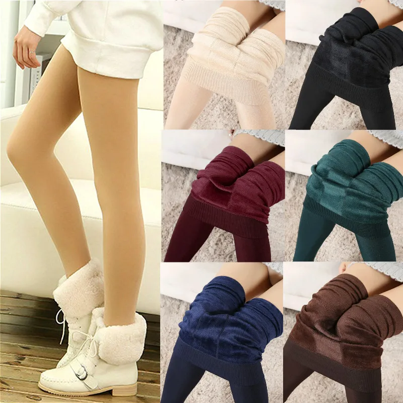 

Women Autumn Winter Thick Warm Fleece Lined Leggings Solid Color High Waist Stretchy Thermal Pants Skinny Tights Pantyhose