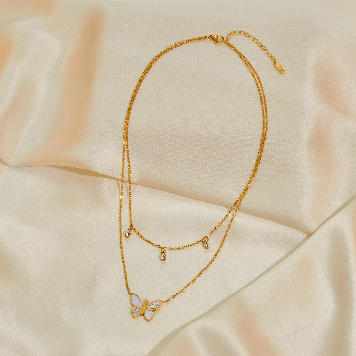 Chic 316L Stainless Steel Butterfly Necklace New Punk Double Layer Chain Zircon Clavicle Ladies Titanium Steel Necklace 4