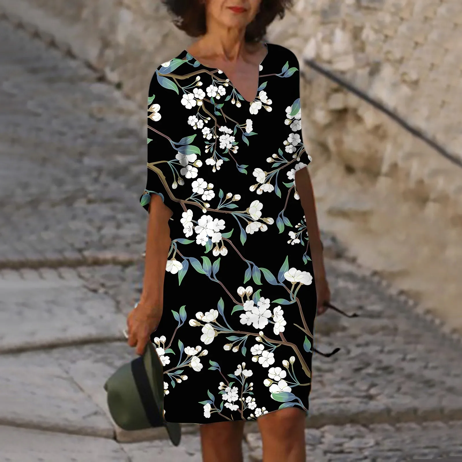 

Women Summer 2024 Elegant Causal Fashion Dress Flower Printed V Neck H Line Half Sleeve Dresses Mini Holiday Sundress For Women