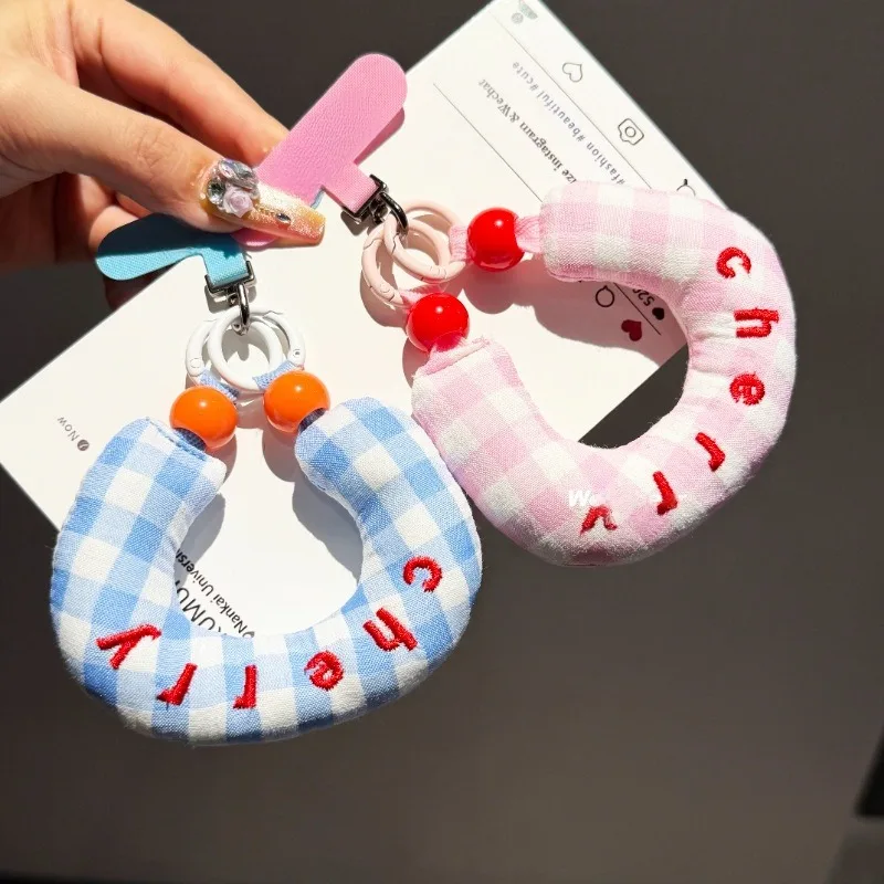 Cotton-Filled Embroidered Grid Fabric Mobile Phone Lanyard - Handheld, Anti-Loss, and Portable Accessory