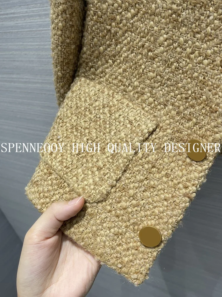 SPENNEOOY-2022 디자이너 싱글 브레스트 골드 트위드 위브 재킷 코트 여성용, 가을 패션
