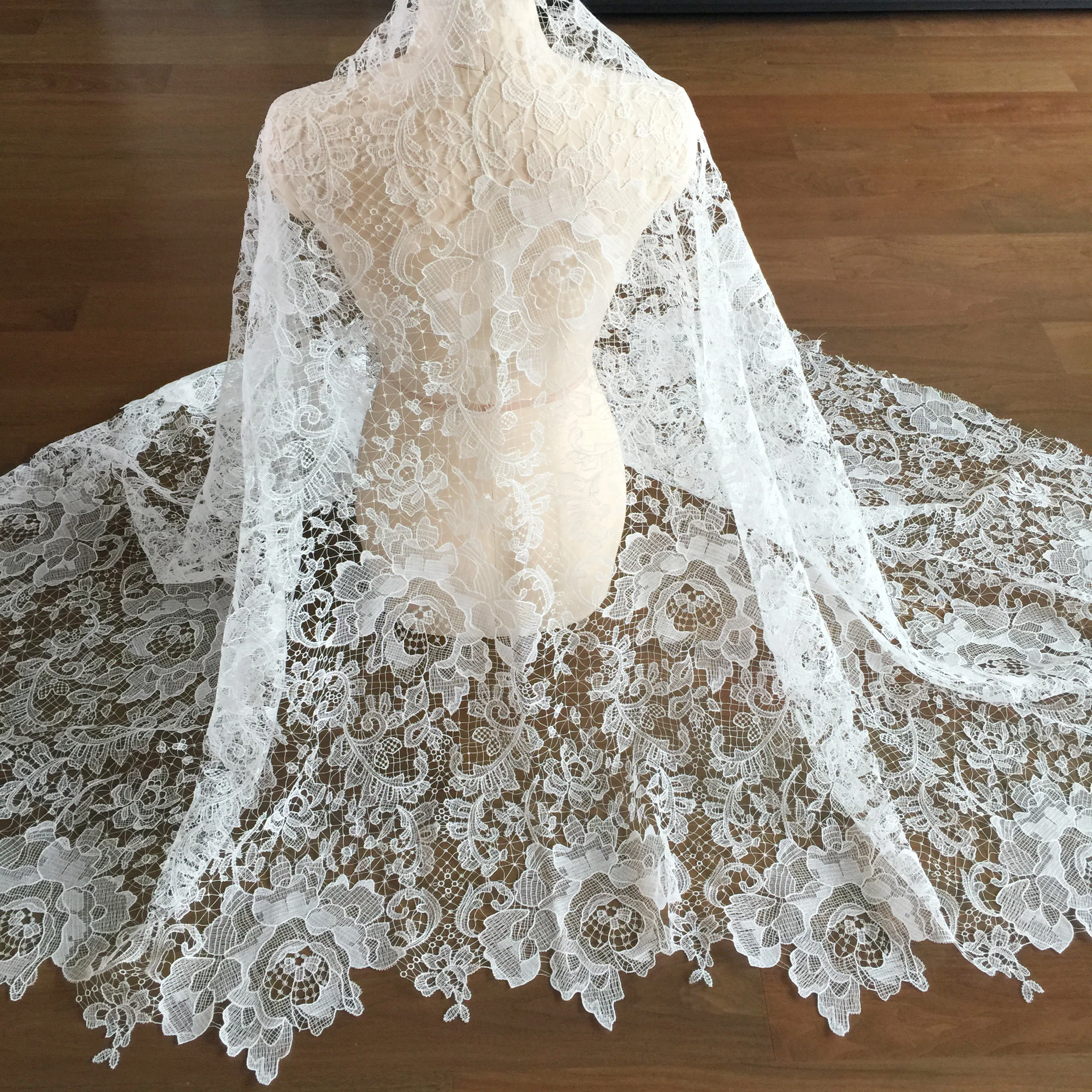 1 Yard Ivory Exquisite Alencon Lace Fabric with Crochet Pattern Floral Emrboidery Fabric for Wedding Gown, Lace Caps 5