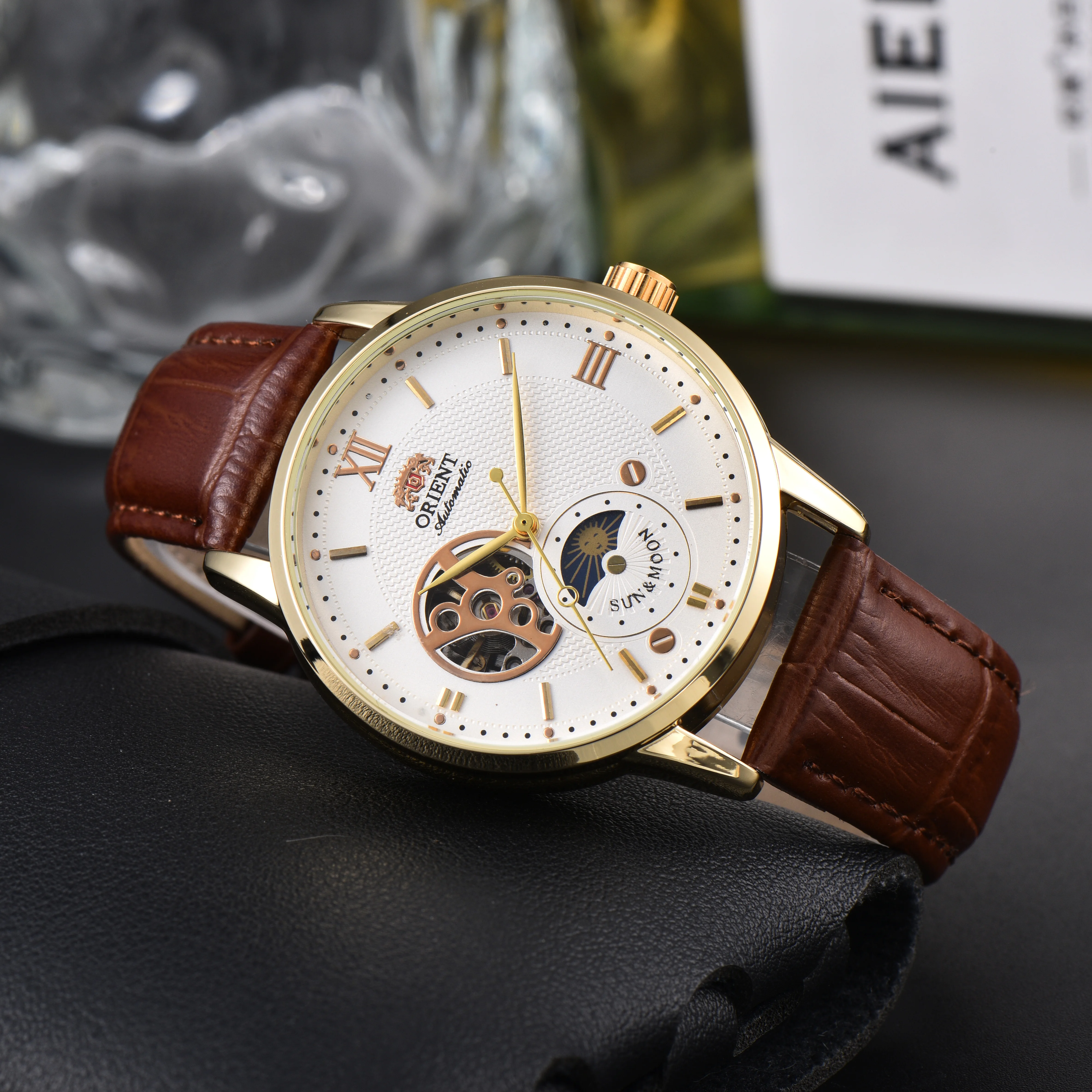 Orient Automatic Watch Men Sun & Moon Phase Skeleton Dial Gold Case Brown Leather Strap Mechanical Wristwatch 50m Waterproof, Alina Gadgets