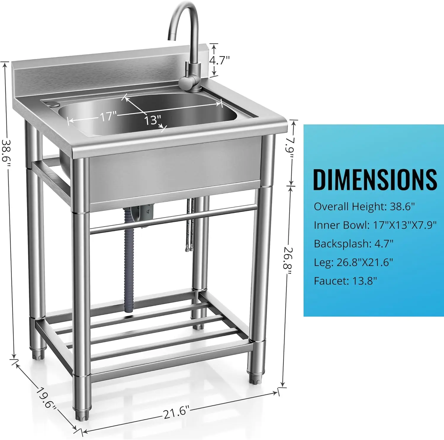 Sink Free Standing Single Bowl Kitchen Sink with Cold and Hot Water Pipe Stainless Steel Sink for Laundry Room Bathroom 4
