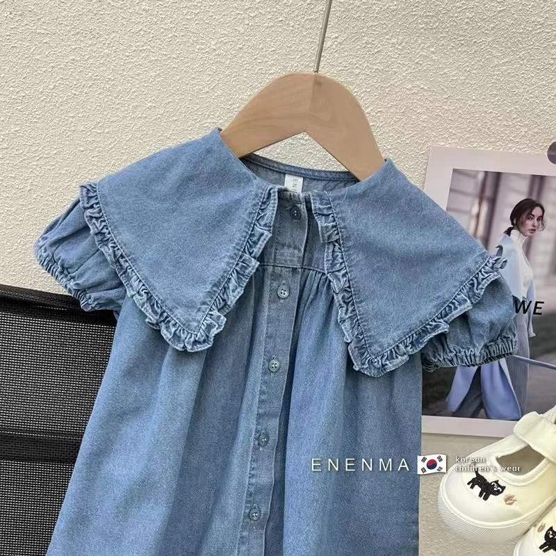 Children's Dress Summer Girl's Fashionable Bubble Sleeves Denim Dress Baby Cotton Short Sleeves Flip Collar Princess