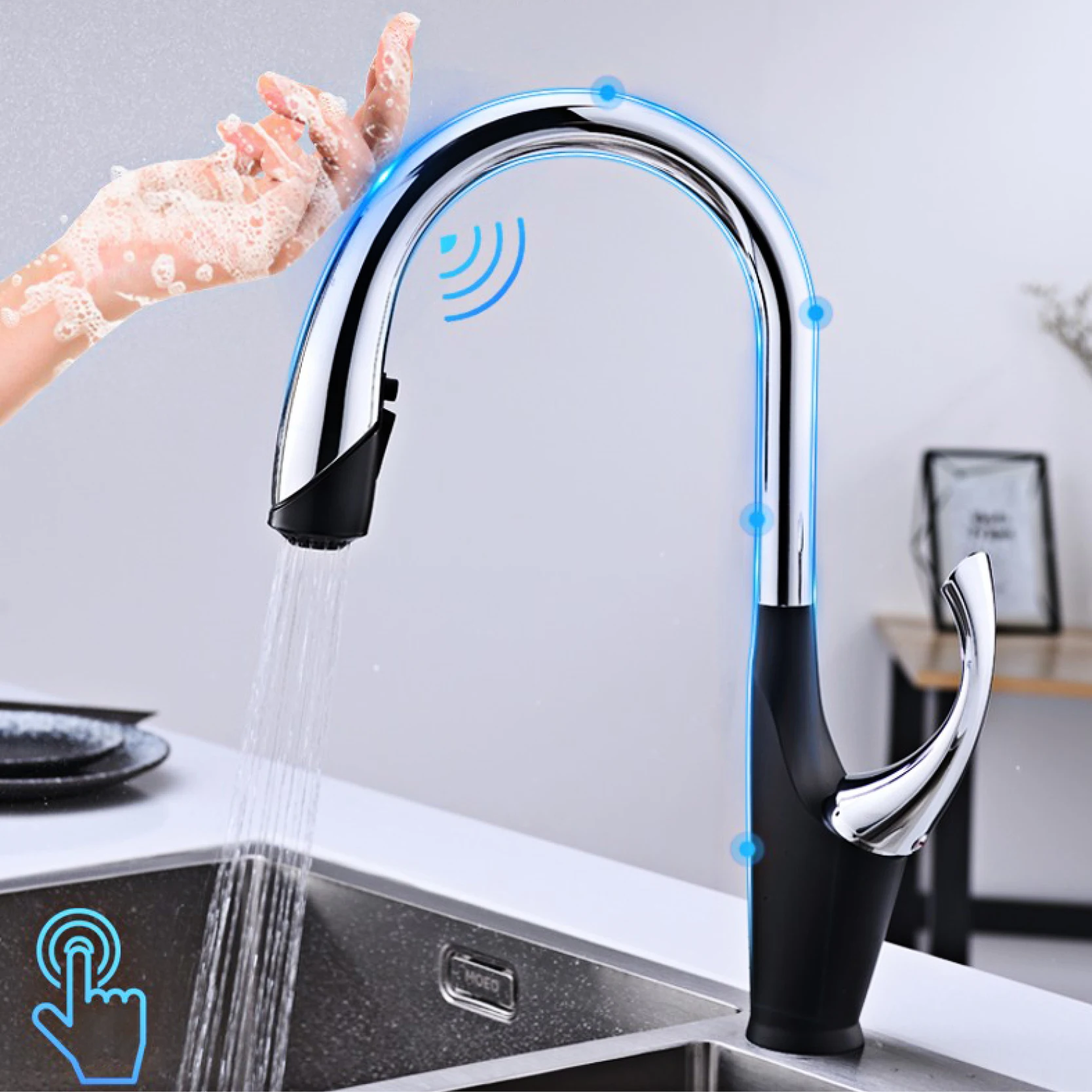 Luxury black brass touch switch kitchen faucet single handle ceramic valve core hot&cold water pull-out type 3-function sink Tap 2