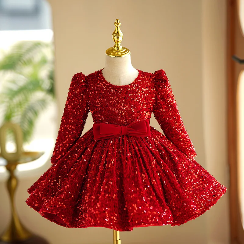 

Girls' Sequin Long sleeved Princess Dress Fashion Bow Puffy Dress Show Birthday Party Piano Light Luxury Minority High end Eveni
