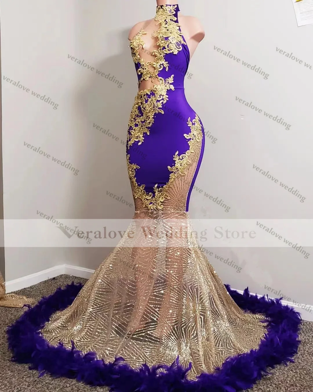 Sparkly Purple Mermaid Evening Dress High Neck Feather Beads Sexy Luxury Prom Gowns Dubai Women Formal Party Gowns Prom Dresses