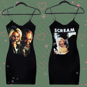 Y2K Harajuku American retro emo girl mini dress Goth grunge punk aesthetic geometric print suspender dress sexy slim chic outfit 1