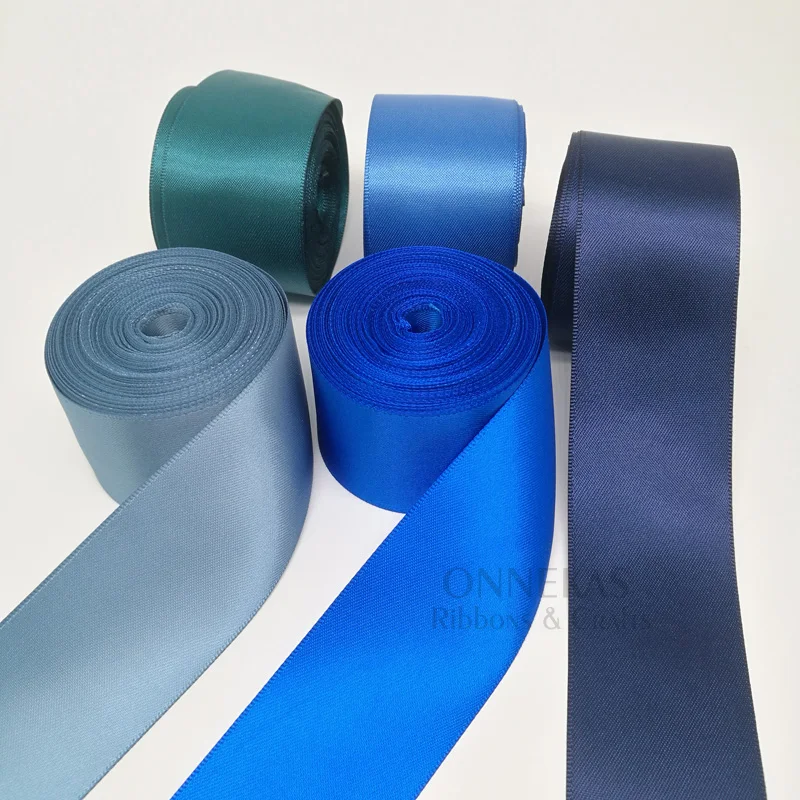 Blue Double Face Satin Ribbon – High-Density Polyester Fabric, Multiple Widths Available, 100 Yards