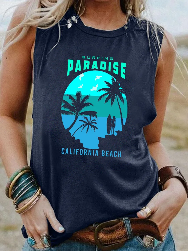 SURFING PARADISE Colored Tank top Summer trendy Beach tank Paradise  Vacation Sleevele shirts women fashion casual vintage tops