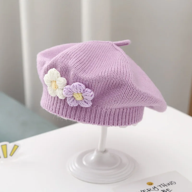 Knit Hat Flower Beret Cap for Infant Girls Korean Toddler Princess