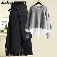 Women's Spring Autumn New Fashion Fake Two Piece Knit Sweater+Strap A-line Skirt Suit Korean Elegant Pullover Dress Matching Set - Image 2