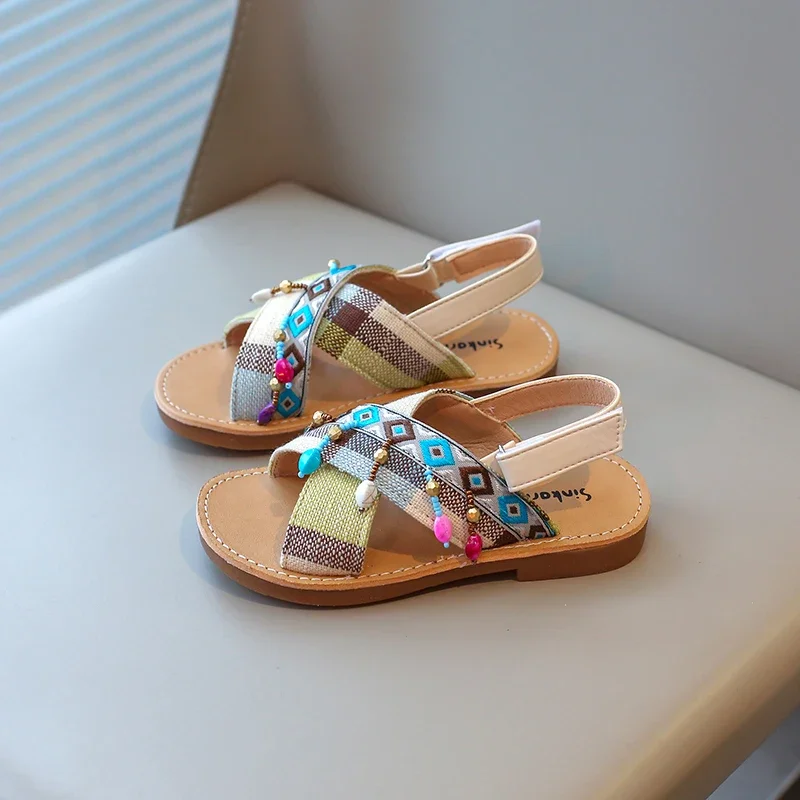 Girls Sandals Kids Summer Beach Shoes Gladiator with Pendants Retro Vintage Children Ethnic Sandals Flat Patchwork Bohemian Ins