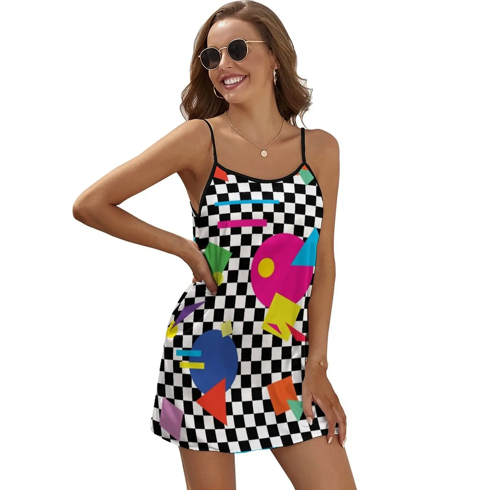 

Retro Classic 1980s Shapes On Black and White Check - Retro Shapes #1 Sleeveless Dress summer women's suit purple dress