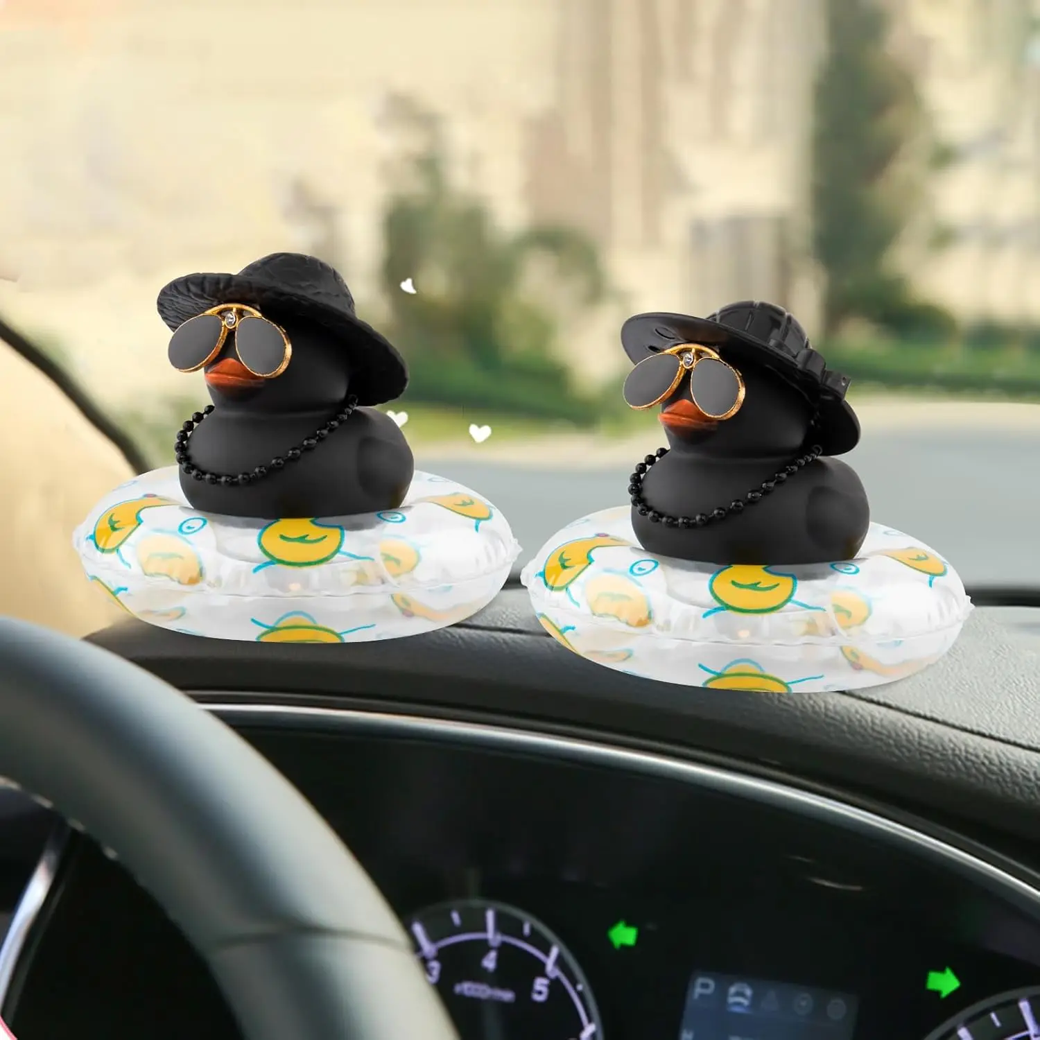 Car Dashboard Black Rubber Duck Ornament, Car Decoration Colour Ducks Accessories with Mini Hat Necklace and Sunglasses Rubber D 4