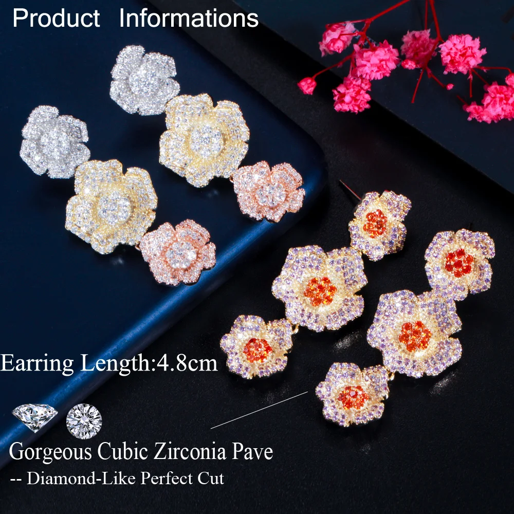 ThreeGraces Unique Cubic Zirconia 3 Tone Gold Color Long Flower Drop Earrings for Women New Fashion Dancing Party Jewelry E1431