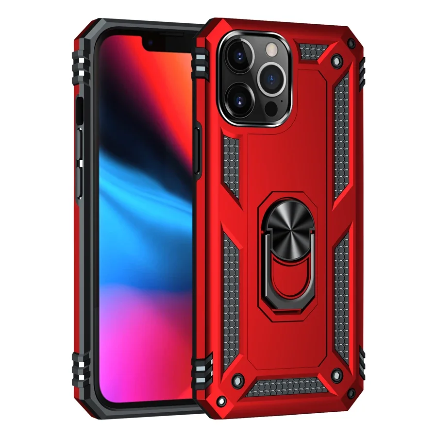 Shockproof Armor Bumper Case with Finger Holder and Magnetic Metal Ring Cover