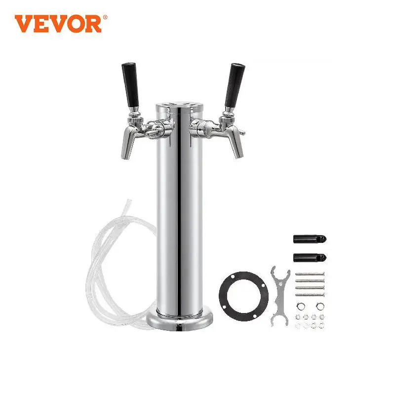 VEVOR Beer Tower Double Adjustable Brass Faucet Kegerator Tower Stainless Steel Draft Beer Tower Black Handle for Home & Bar