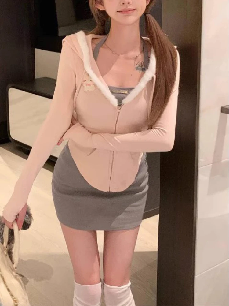 

Японский сексуальный комплект из 3 предметов Kawaii Y2k, женский модный элегантный костюм с капюшоном и мини-юбкой, Женский винтажный повседневный костюм с длинным рукавом