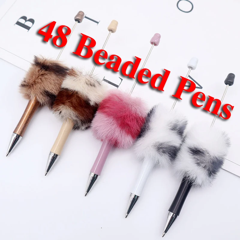 

48Pcs leopard print Plush Beaded Pen Bead DIY Pen Plastic Beadable Pen Bead Pen School Office Writing Supplies Stationery