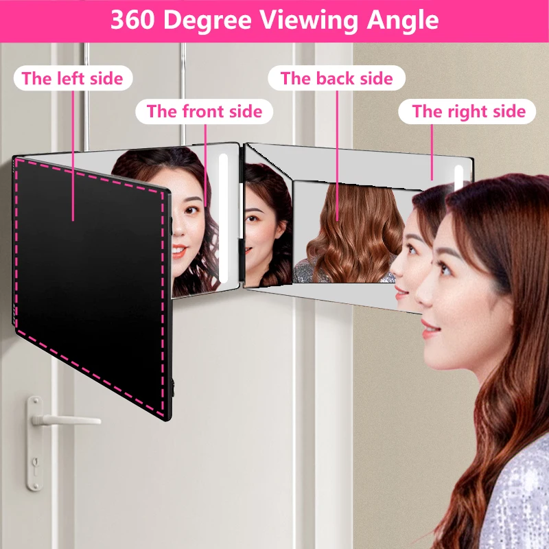 3 Way Mirror for Self Hair Cutting with LED Lights,360&deg; foldable three-sided mirror， Japanese overseas warehouse spot
