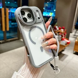 Foldable Magnetic Transparent Case with Lens Stand and Shockproof Design, Featuring Wrist Strap for iPhone 18 Pro Max (Gray)