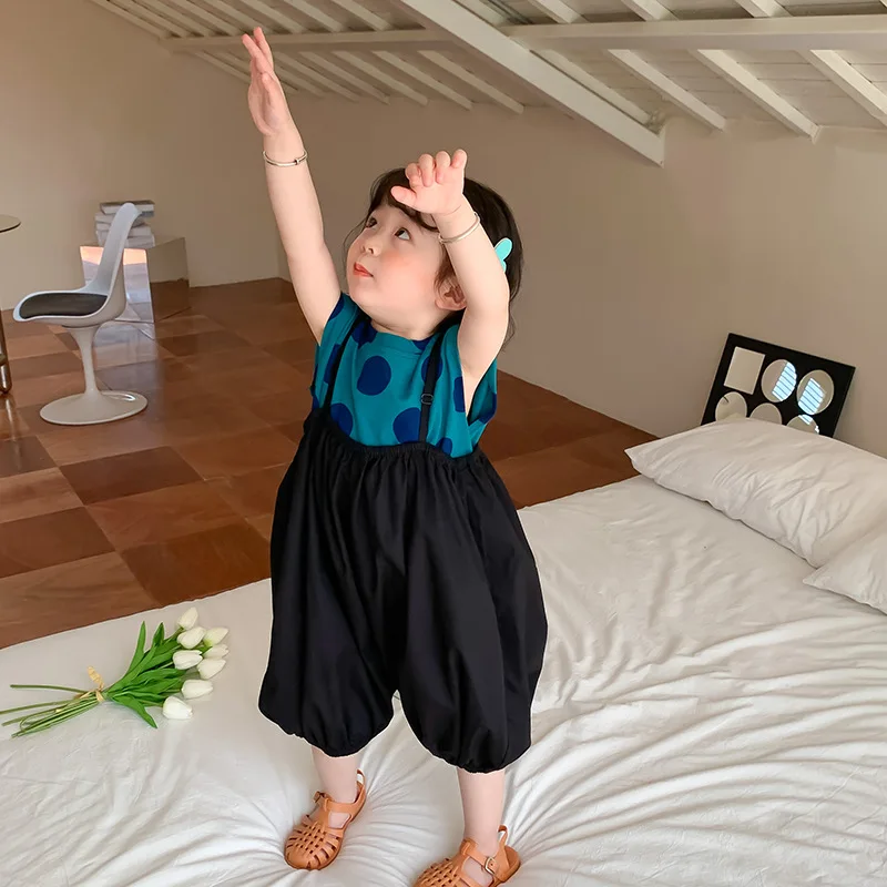 2025 Summer New Korean Baby Girls Solid Versatile Suspender Pants Children Loose Casual Overalls Kids Toddler Lantern Trousers