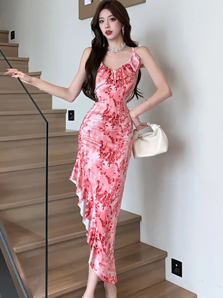 Summer Pink Floral Elegant Ruffled Long Dress Women Fashion