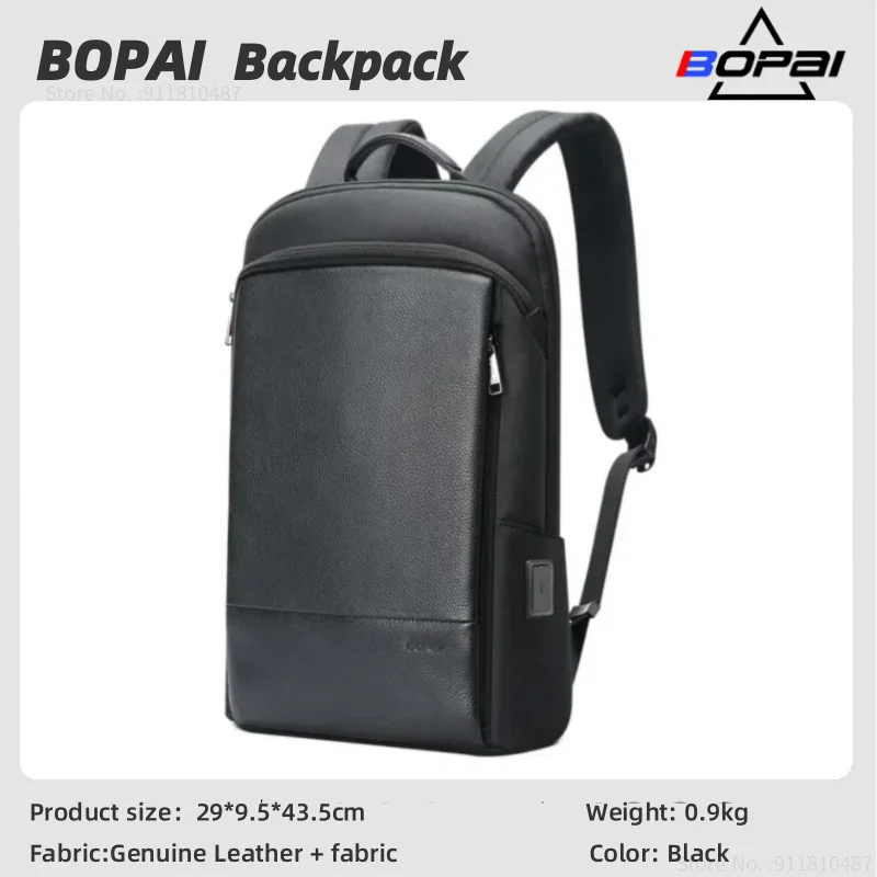 BOPAI Business Genuine Leather Waterproof Shoulder Bag 15.6 inch Computer Bag Men's Traveling Backpack Women's Travel Backpack