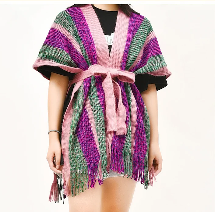 

Spring Autumn Tassels Waistband Shawl Imitating Cashmere Women Fashion Street Poncho Lady Capes Purple Cloaks
