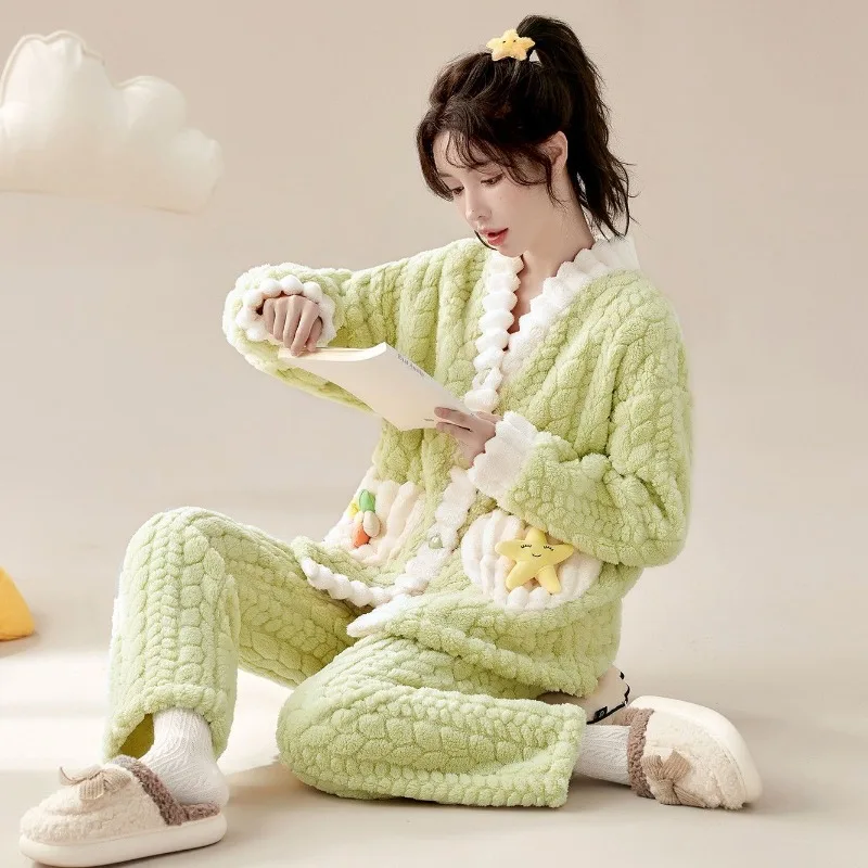 Women's New Coral Velvet V-neck Sleepwear Plus Size Loose Loungewear Outfit Ladies Cute Sweet Flannel Leisure Pajama 2-piece Set