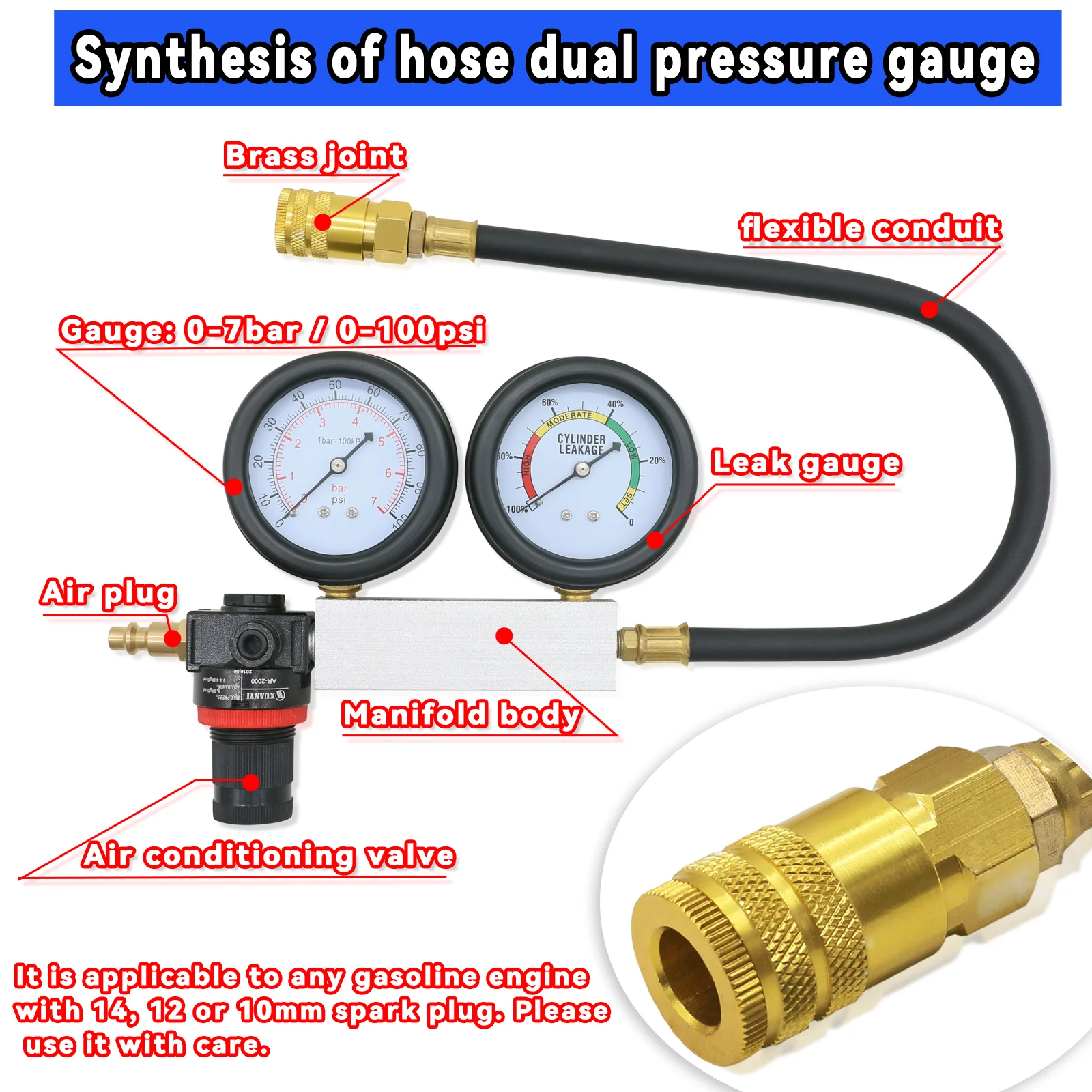 Neue Zylinder Leck Tester Kompression Leckage Detektor TU-21 Doppel Gauge Benzin Motor Leckdown Erkennung Kompression Test Werkzeug – Detail 12