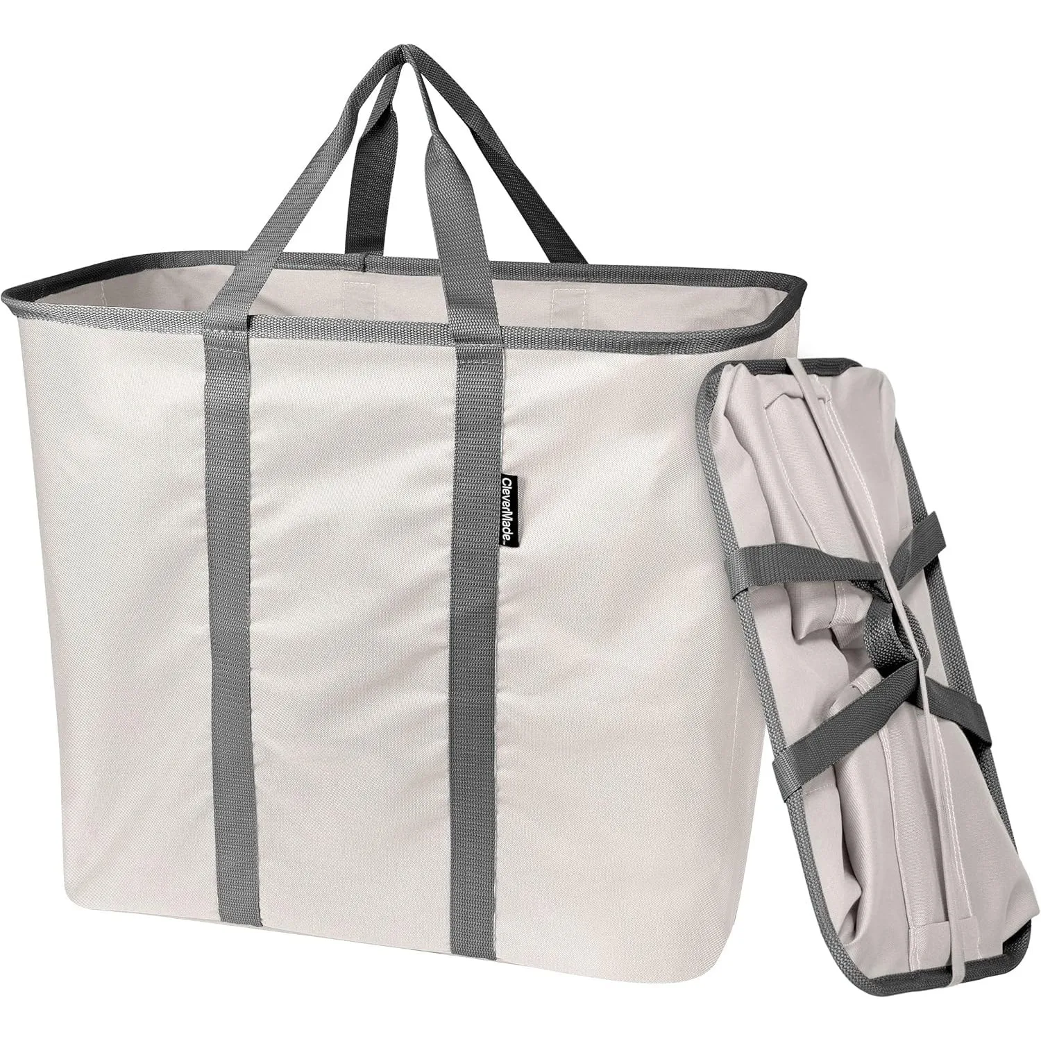 CleverMade Collapsible Laundry Caddy, Cream/Charcoal 2PK-64L (17 Gal) Large Foldable Laundry Basket Long Carry Handles