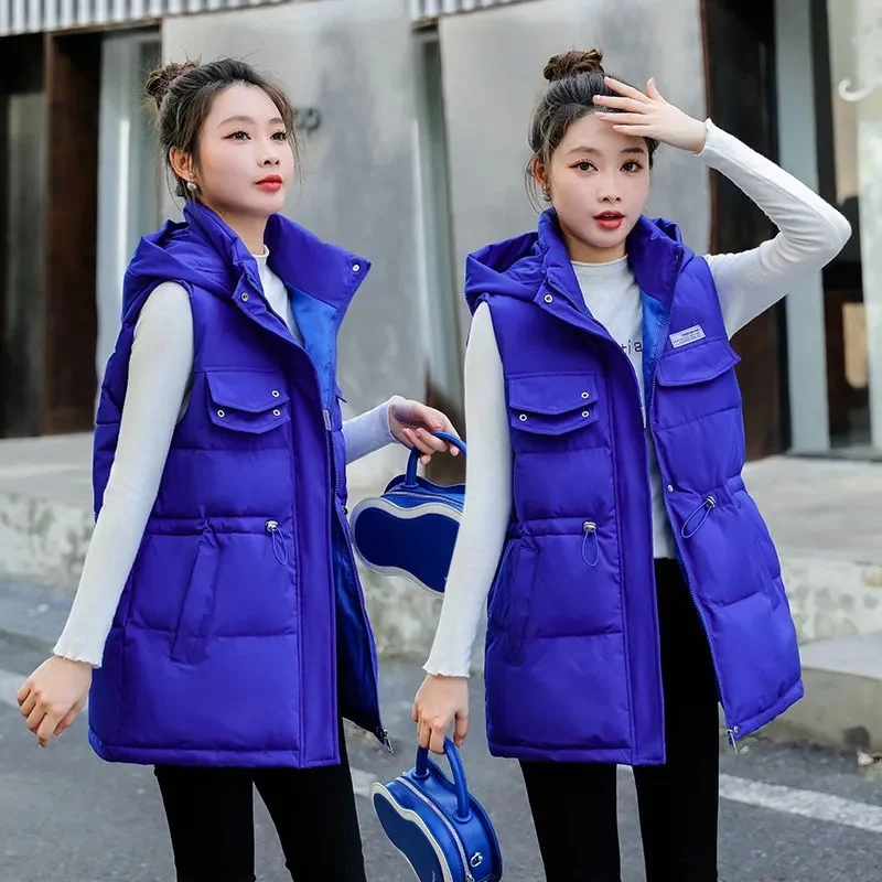 

2023 New Autumn Winter Fashion Cotton Vest Women Patchwork Sleeveless Hooded Collar Casual Waistcoat Vests Puffer Jacket Outwear