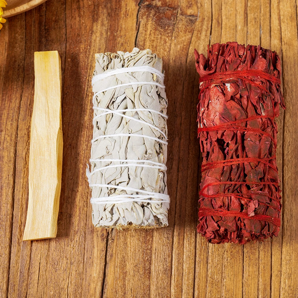 10cm White & Red Sage Bundle Smudge Stick Wand for Spiritual Incense Sticks Burning Aromatherapy Energy Cleansing Bundles