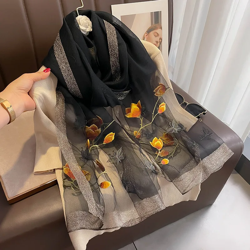 

Manual Embroidery Women Xiaoxiangfeng Camellia Wool Mulberry Silk Scarf Shawl Luxury Plain Soft Brand Scarf Long Silk Scarves