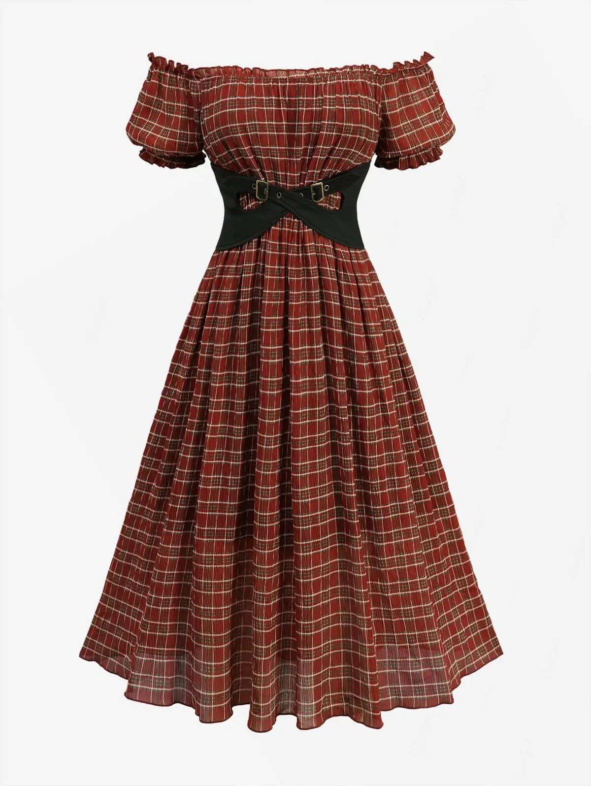 ROSEGAL Plus Size Off-The-Shoulder Plaid Print Dress with Ruffles And Lace-Up Corset Detail